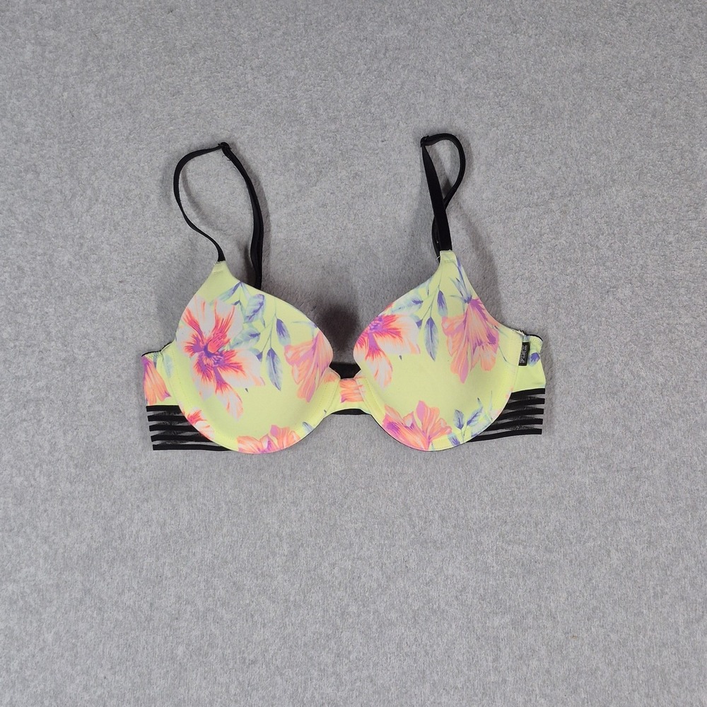 PINK Women Bra‎ 32D Yellow Floral Lightly Lined T Shirt Underwired Strap